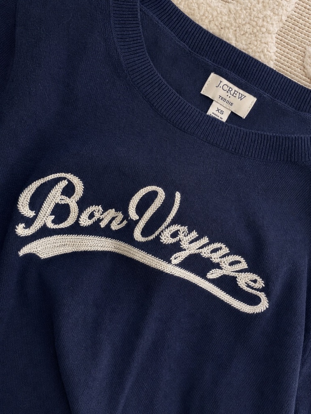 J.Crew Bon Voyage Sweater XS Navy 100% Cotton Embroidered Graphic Crewneck - Picture 3 of 6